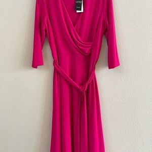 NWT Lauren Ralph Lauren Sport Pink Jersey 3/4 Sleeve Belted Wrap Bodice Dress
